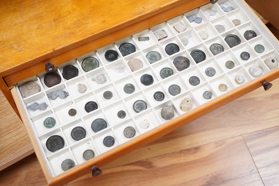 A collection of mainly Medieval to 19th century bronze and lead imperial circular trade weights, with a few Roman and later examples, stamped with Royal Cyphers, weights, the dagger assay mark for London, other proof mar